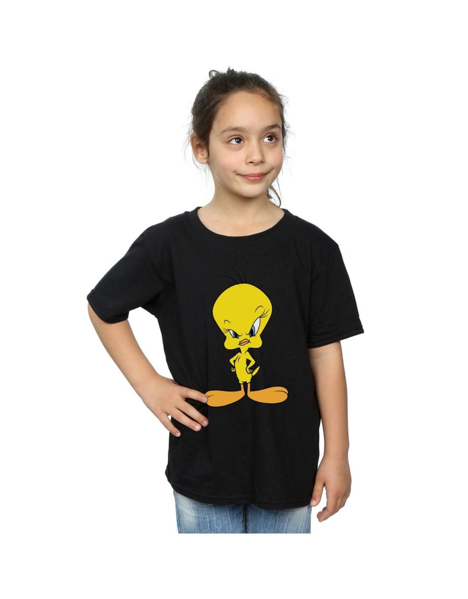 Looney Tunes Girls Angry Tweety Cotton T-Shirt - Black