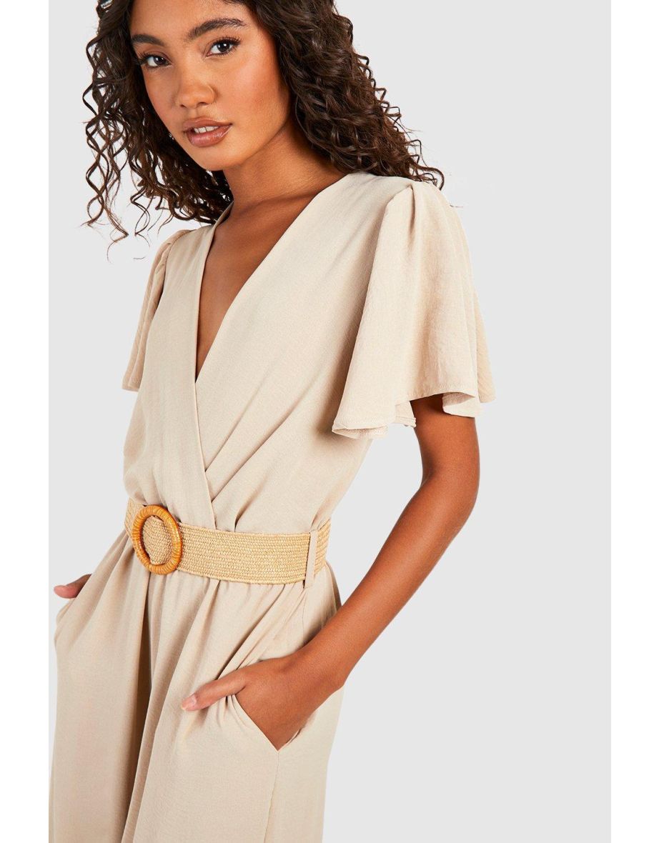 Tall Belted Angel Sleeve Jumpsuit - stone - 3