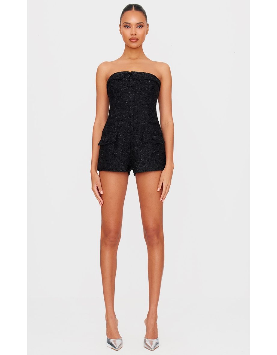 Black Tweed Bandeau Button Detail Playsuit