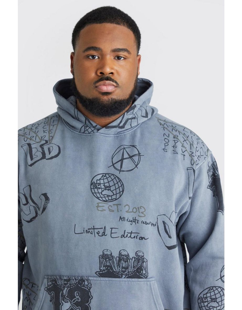 Plus Oversized Boxy Washed Graffiti Hoodie - charcoal - 2