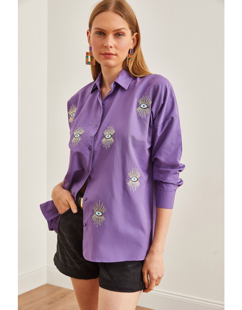 Women's Eye Purple Sequin Detailed Woven Boyfriend Shirt - 5