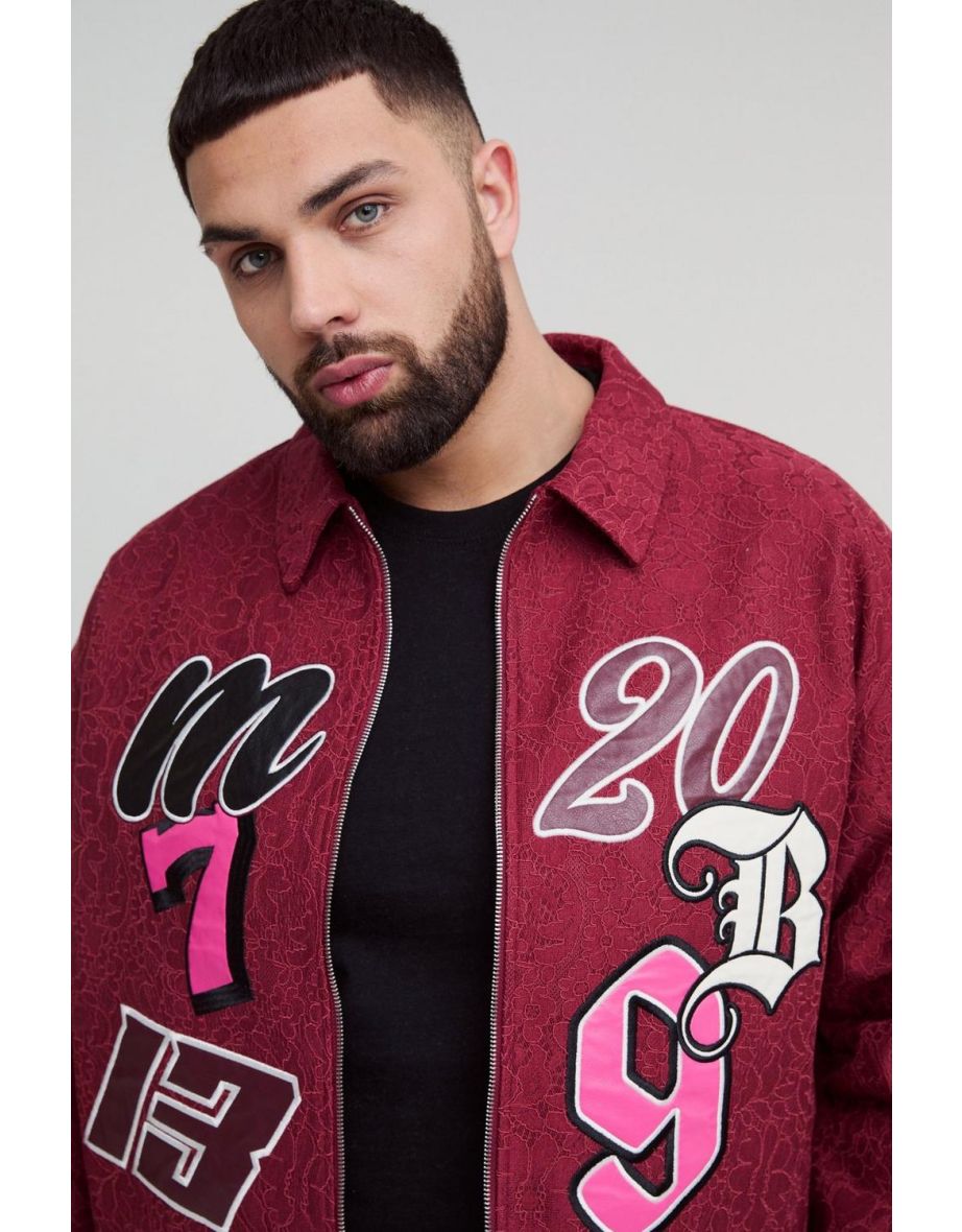 Plus Boxy Oversized Lace All Over Applique Harrington Jacket - burgundy - 2