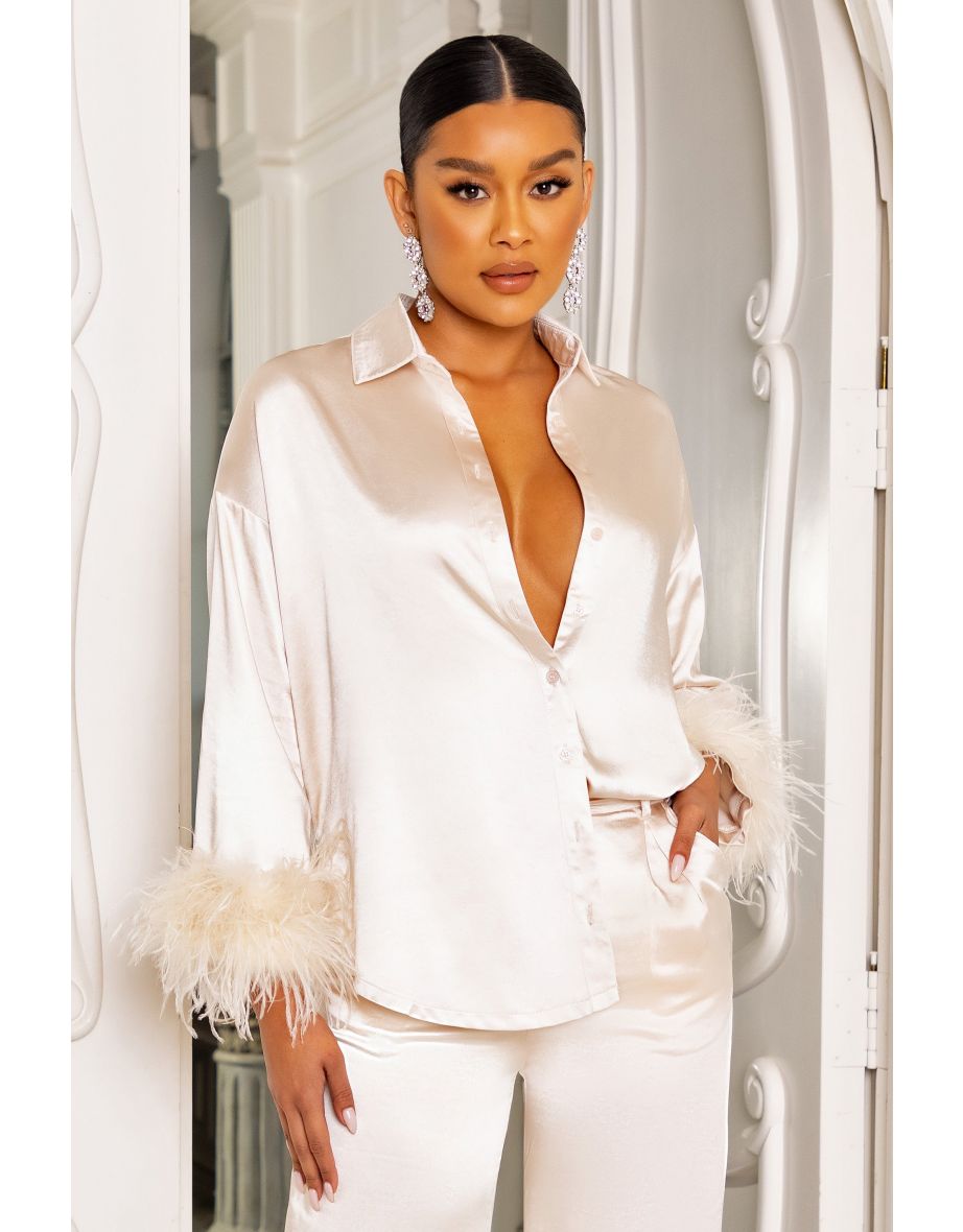 Fascinate | Champagne Oversized Shirt With Feather Trim