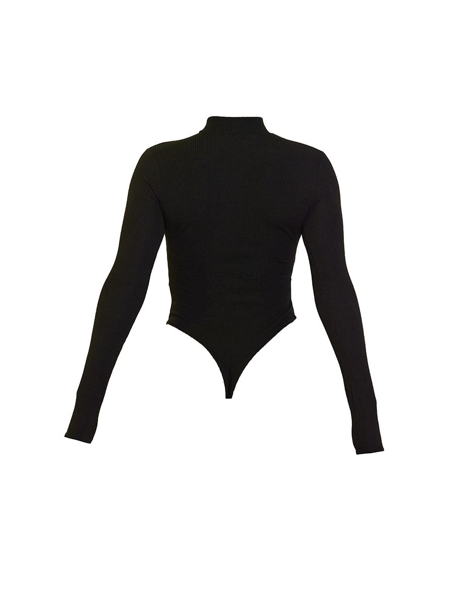 PRETTYLITTLETHING Black Crinkle Rib Half Zip Bodysuit - 4