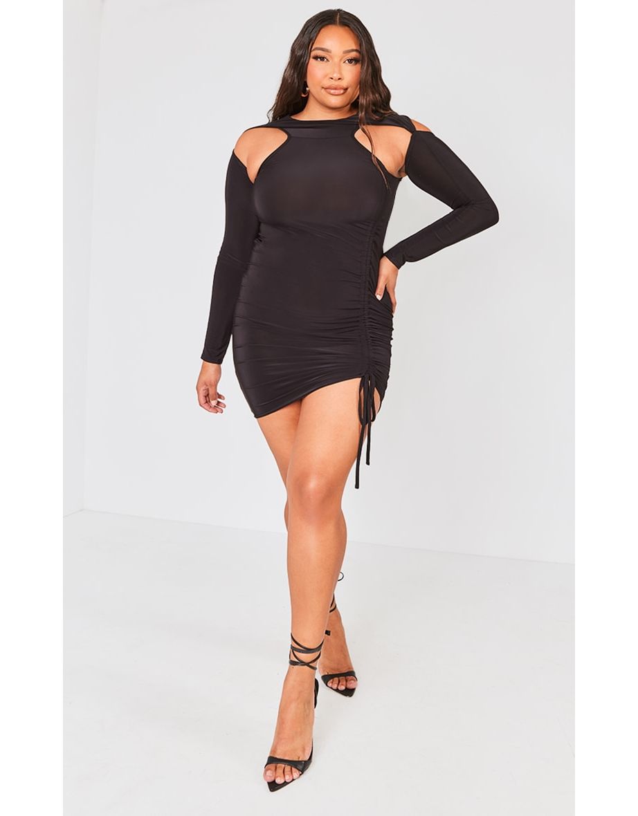 Plus Black Slinky Ruched Cut Out Midi Dress