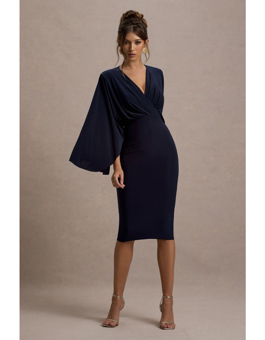 Mishka | Navy Plunge-Neck Cape Midi Dress - 4