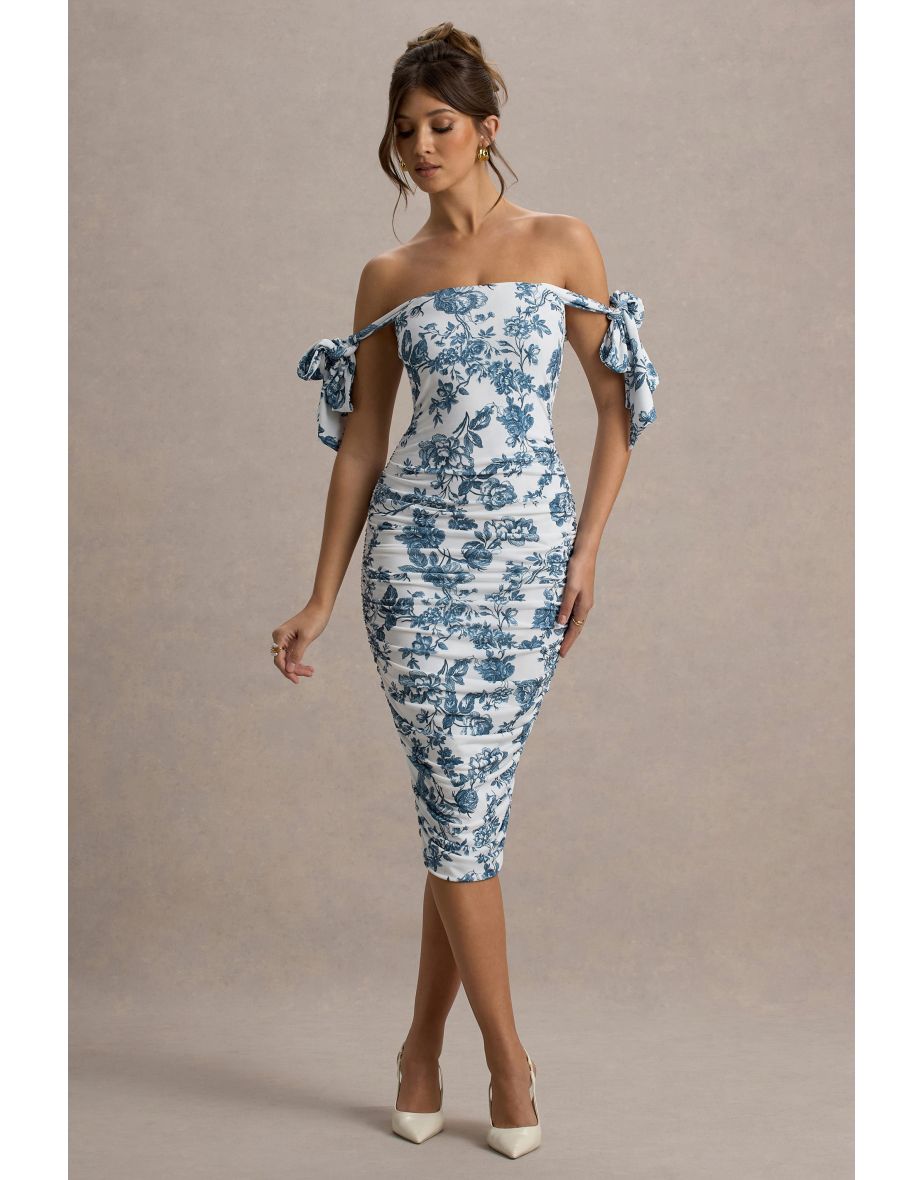 Citrus | Blue Porcelain Print Bardot Bodycon Midi Dress With Bow Sleeves