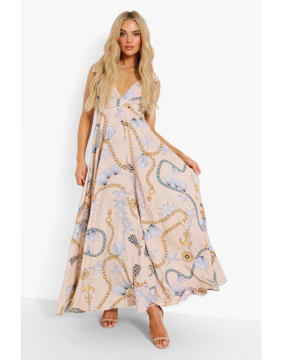Nautical Print Tie Shoulder Plunge Maxi Dress - stone