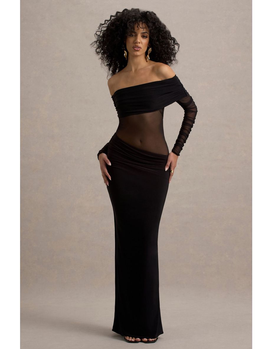 Belamour | Black Semi-Sheer Bardot Gathered Maxi Dress - 6