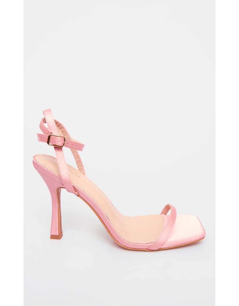Baby Pink Satin Square Toe Barely There Mid Heeled Sandals - 3