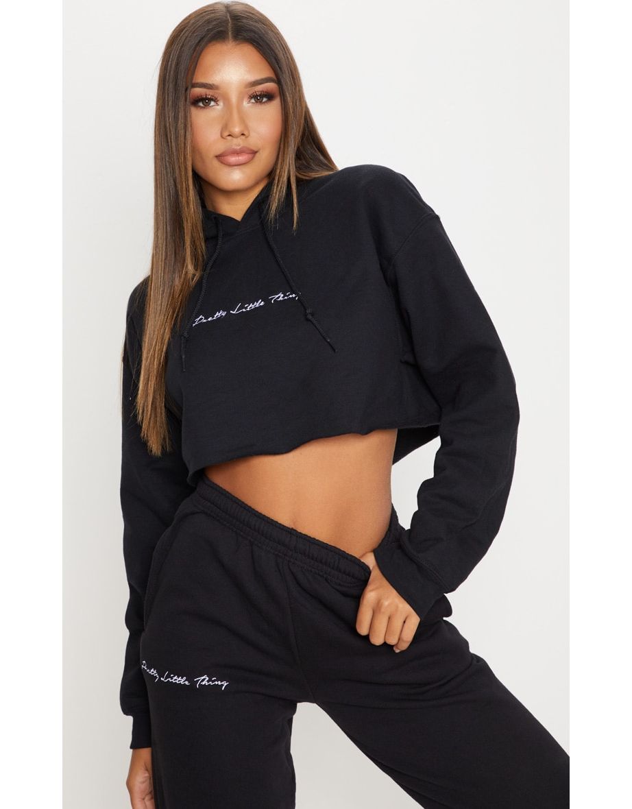 Shop PRETTYLITTLETHING Recycled Black Oversized Crop Hoodie Online in Qatar VogaCloset