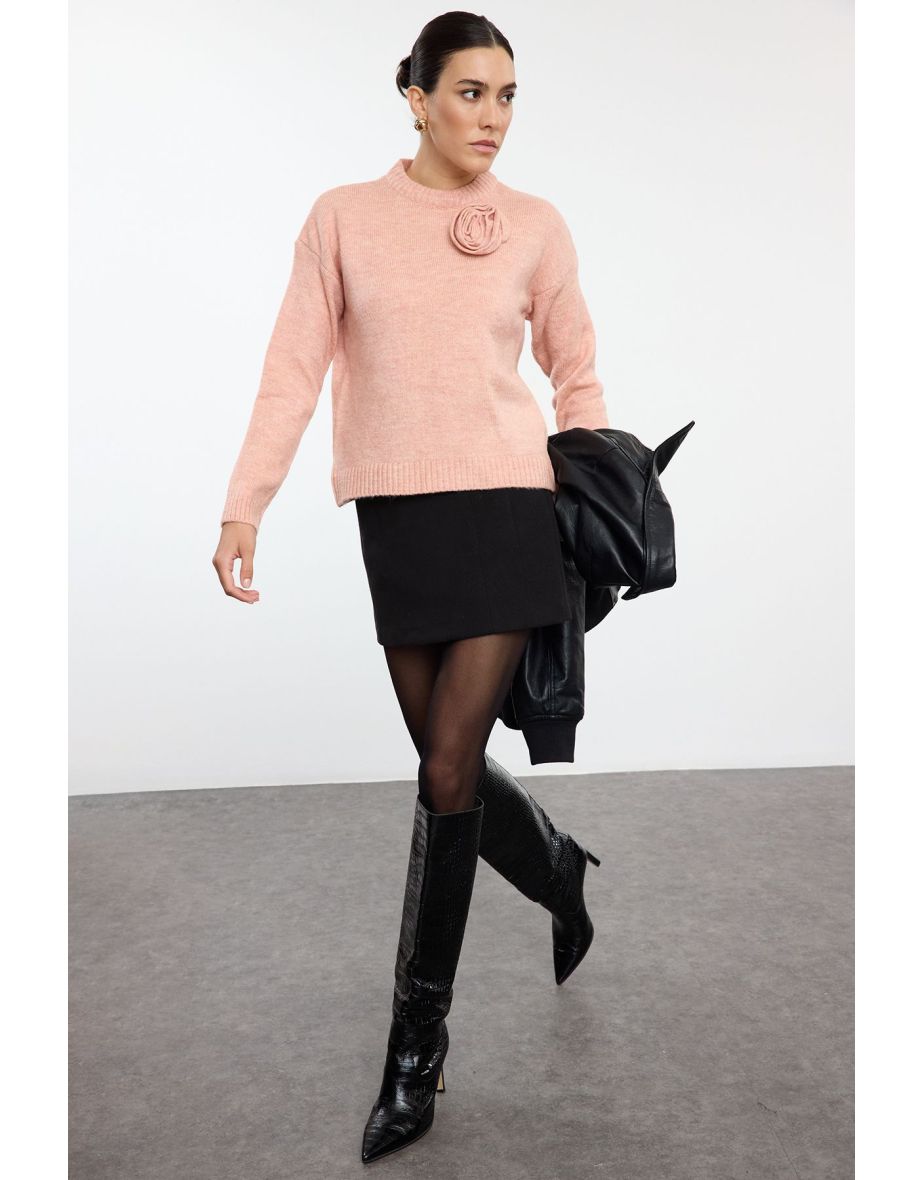 Powder Rose Detailed Soft Texture Knitwear Sweater
