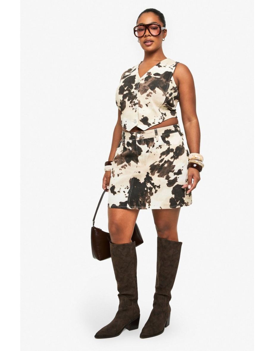 Plus Cow Print Button Up Waistcoat - brown