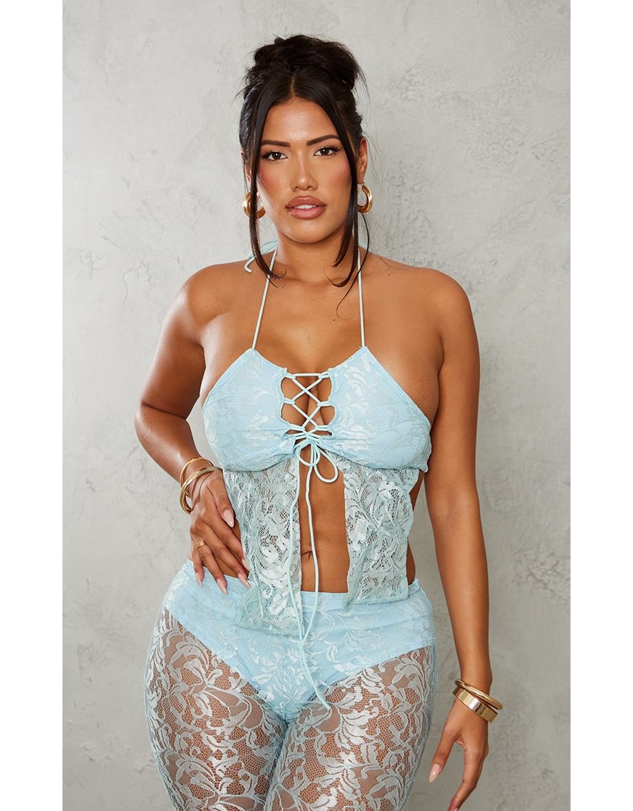 Shape Light Blue Lace Tie Front Crop Top