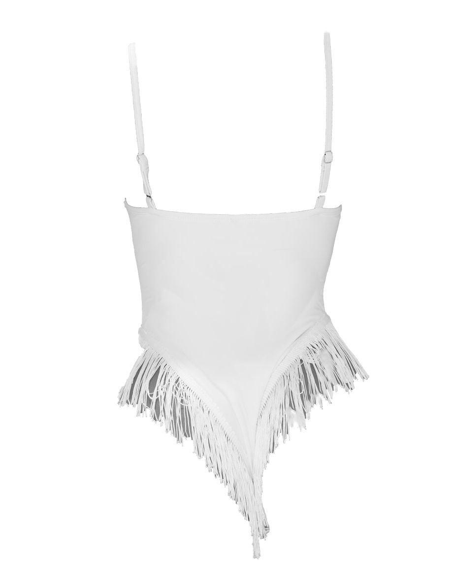 White Fringe Scoop Swimsuit - 4