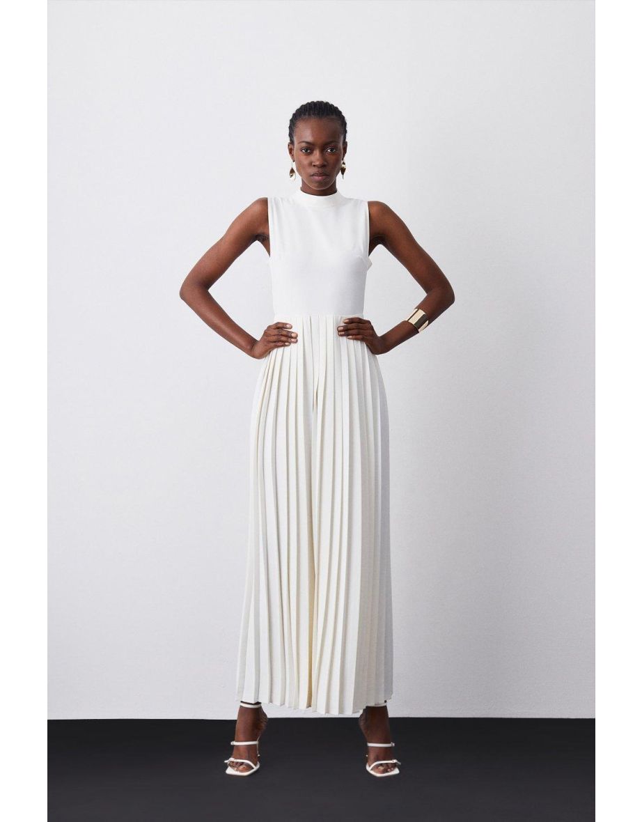 High Neck Tie Waisted Full Pleated Maxi Dress