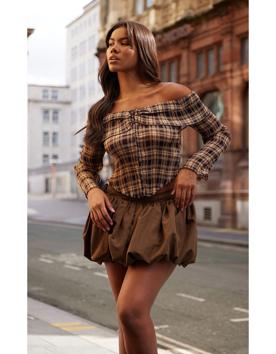 Brown Plisse Chiffon Check Bardot Blouse