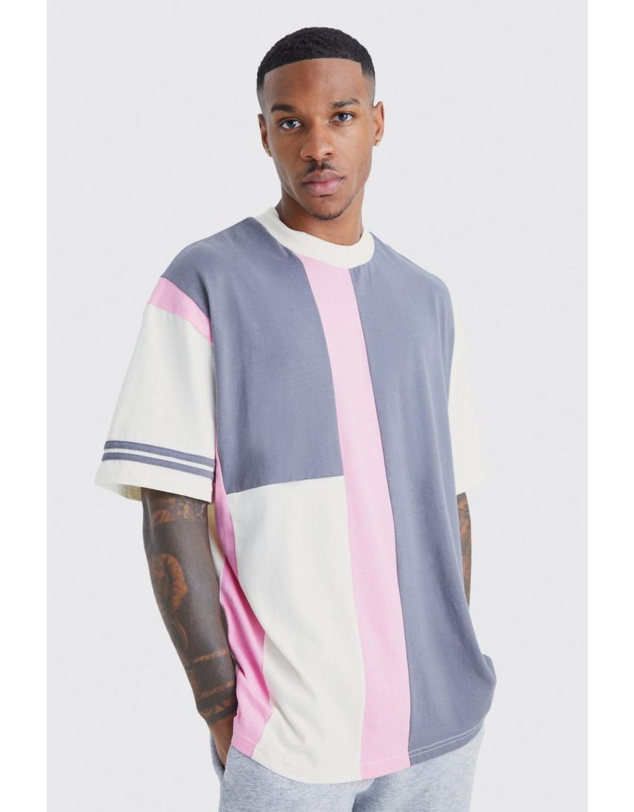 Oversized Extended Neck Colour Block T-shirt - ecru