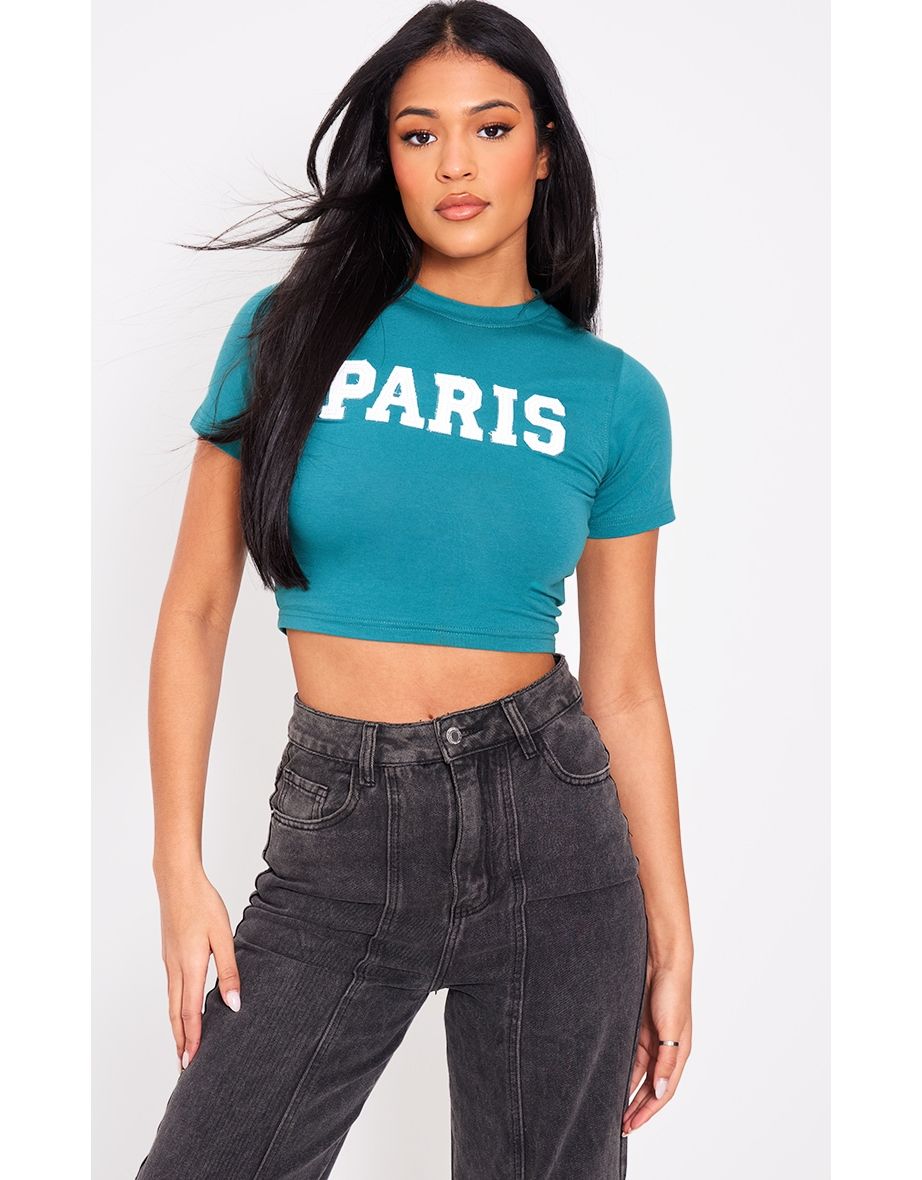 Tall Forest Green Embroidered Paris Slogan Crop Top