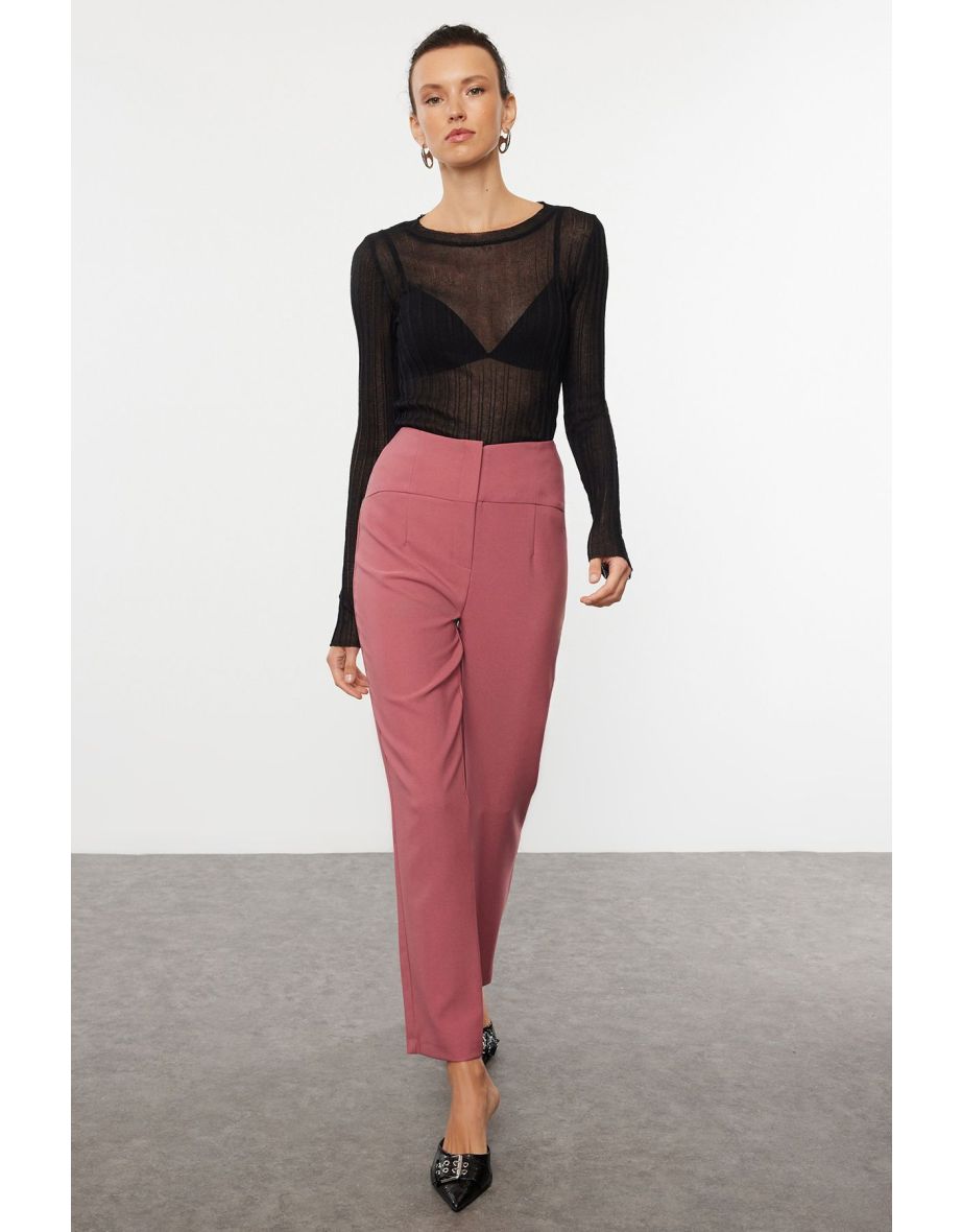 Dark Dusty Rose Cigarette Skinny Leg Waist Seam Detailed Woven Trousers