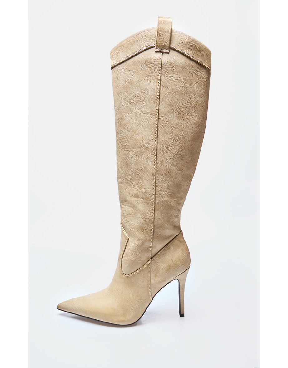Tan Pu Point Toe Knee High Western Stiletto Boots - 3
