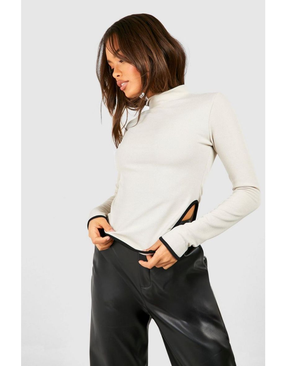 Contrast Rib High Neck Split Hem Top - stone
