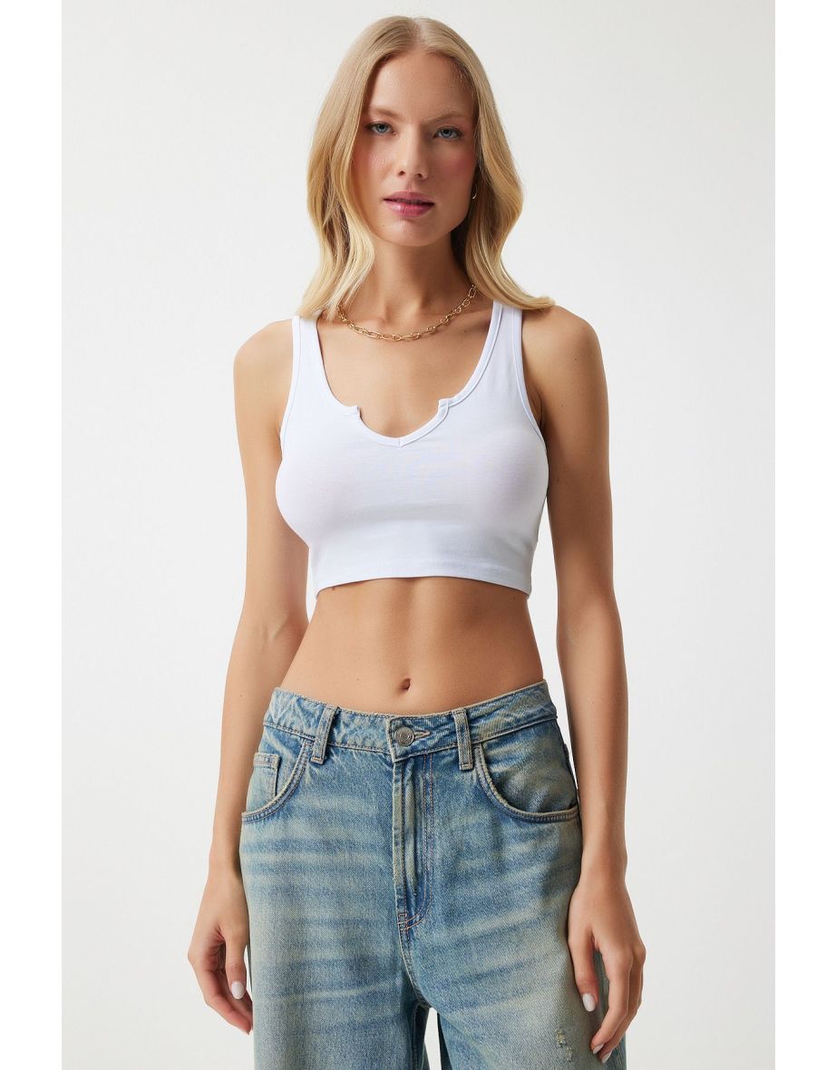 Women's White Strap Crop Knitted Blouse