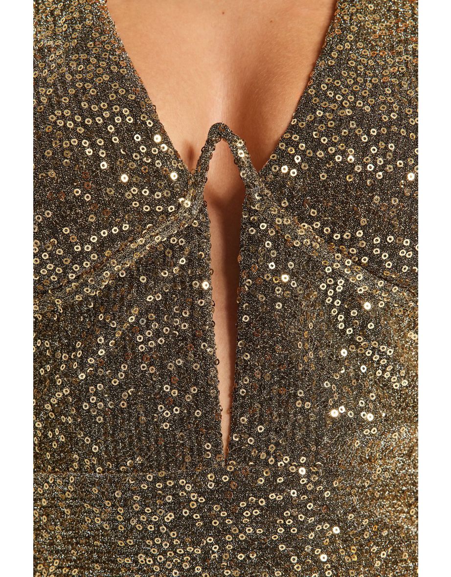 Gold Fitted Shiny Knitted Sequin Sequin Short Elegant Evening Dress - 8