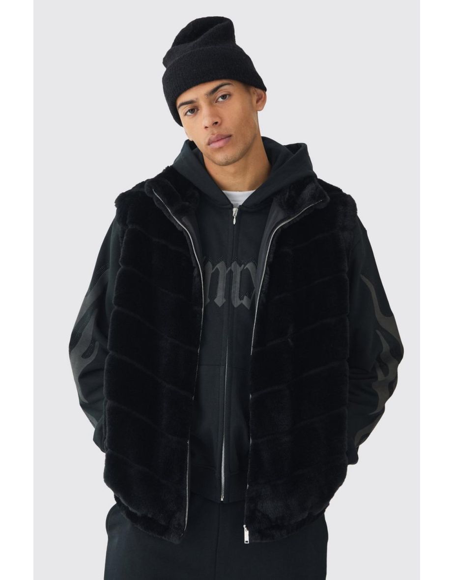 Oversized Striped Faux Fur Gilet Jacket In Black - black