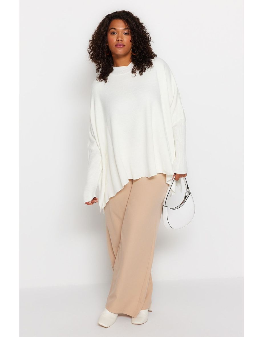 Ecru Stand Collar Slit Detail Relax Fit Knitwear Sweater
