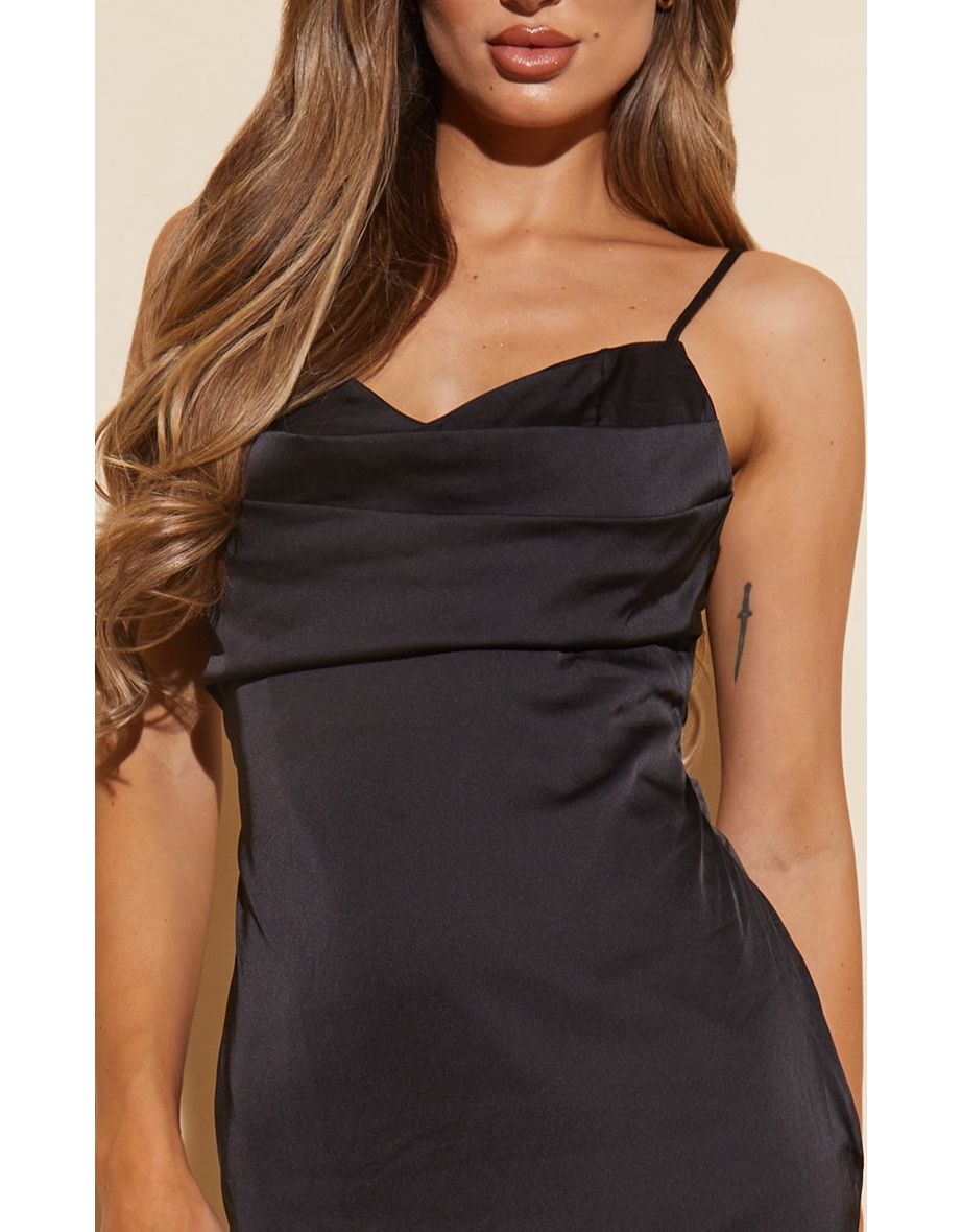 Black Strappy Drape Front Satin Midi Dress - 3