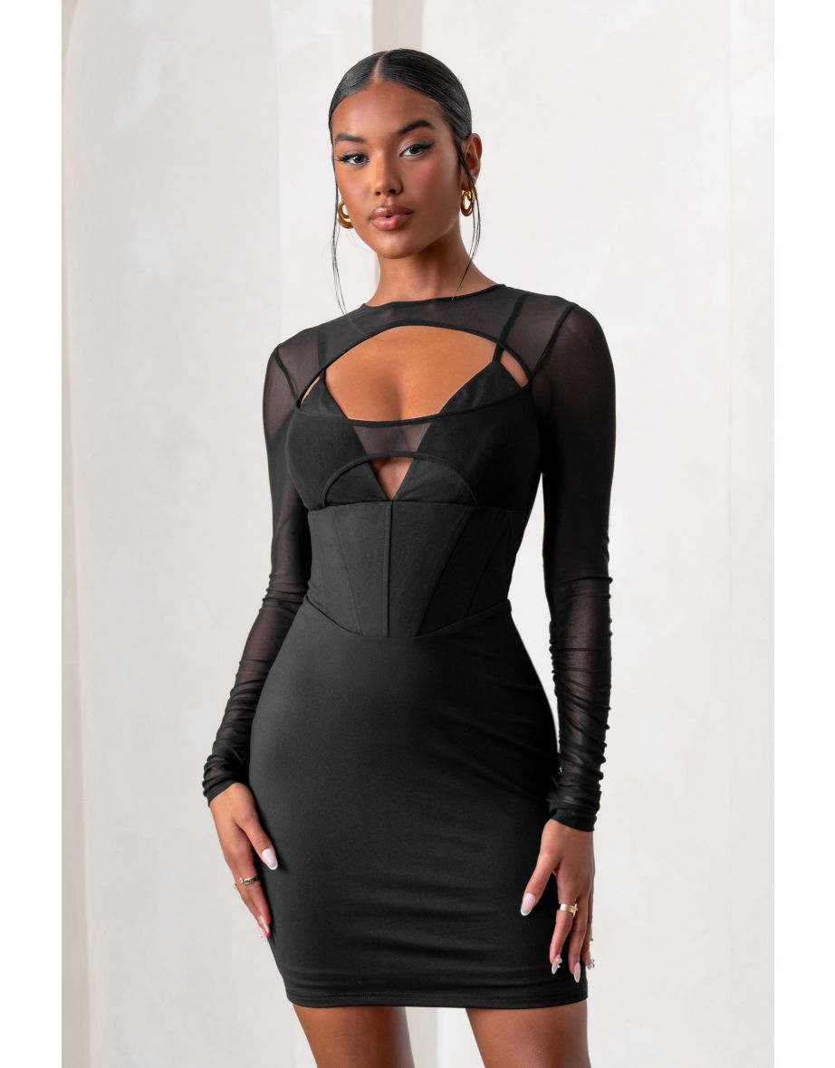 Shop This Moment Black High Neck Cut Out Mini Dress With Mesh Sleeves Online in Bahrain VogaCloset