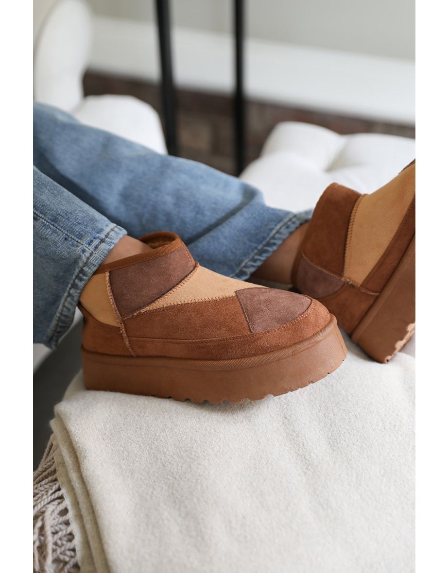 COCONUT FLATFORM PATCHWORK FAUX FUR LINING ANKLE BOOT IN CHESTNUT MIX SUEDE - 3