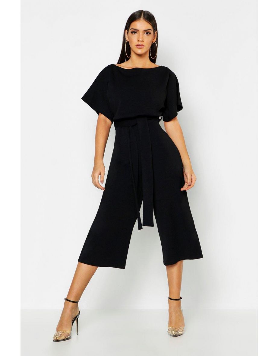 Slash Neck Tie Waist Culotte Jumpsuit - black - 3