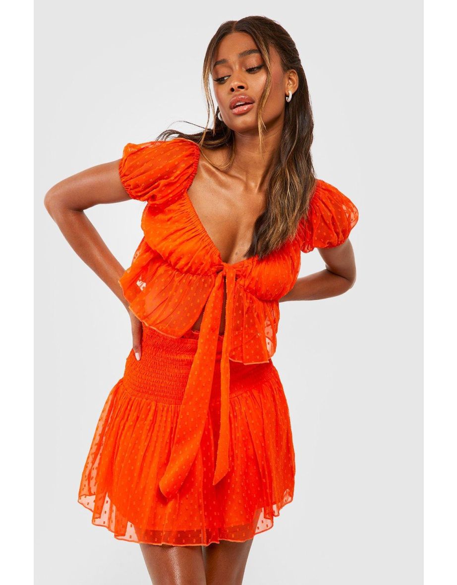 Dobby Mesh Knot Front Crop & Shirred Mini Skirt - orange