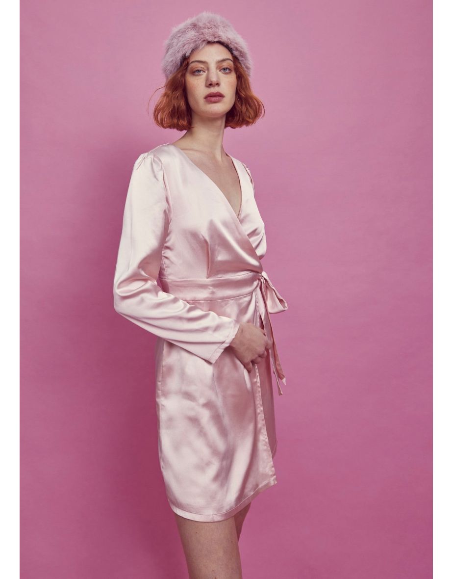 Sarah Wrap Mini Dress -Pale-Pink Satin