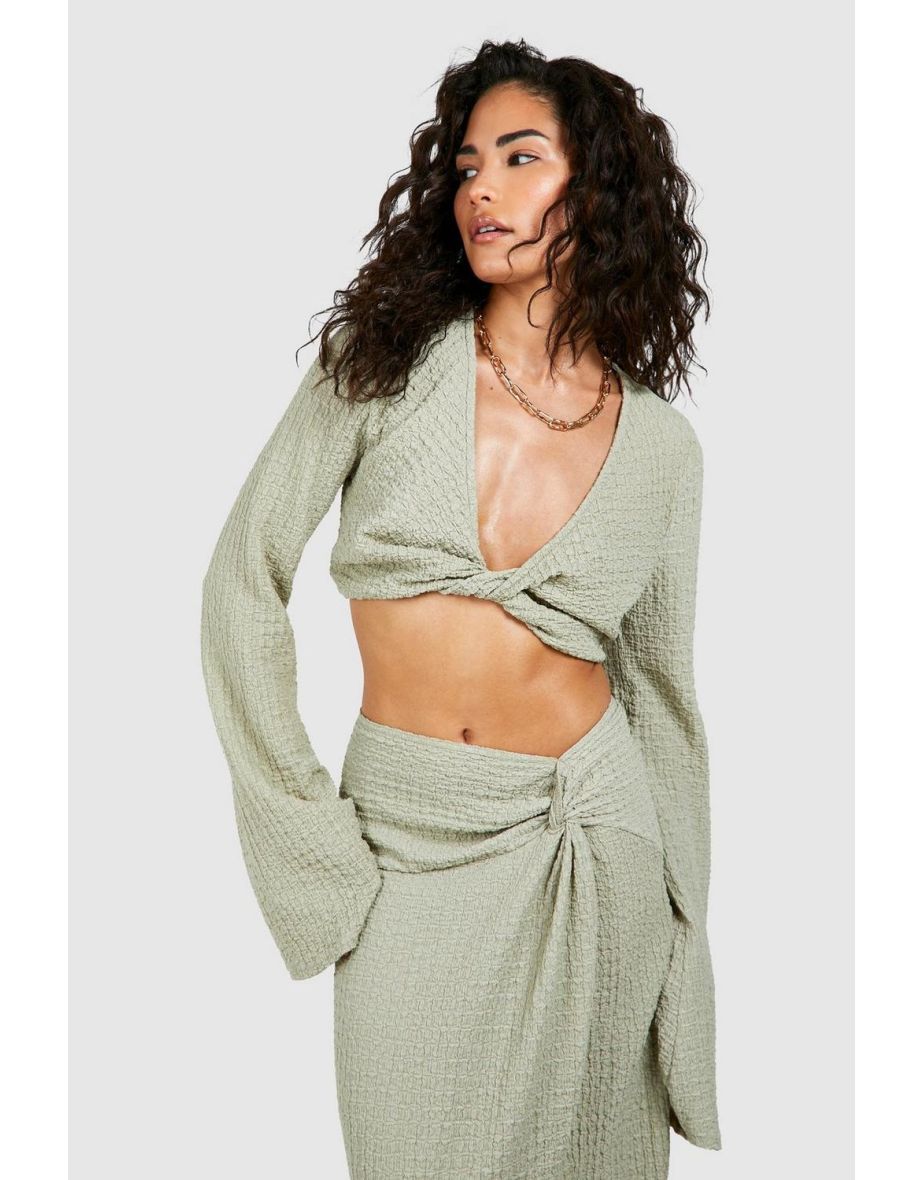 Petite Textured Twist Front Crop Top - sage