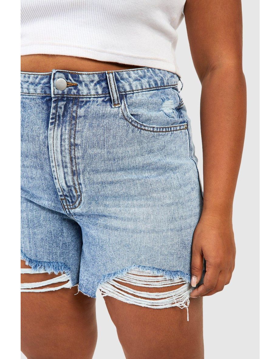 Plus Denim Shredded Mom Shorts - light blue - 3