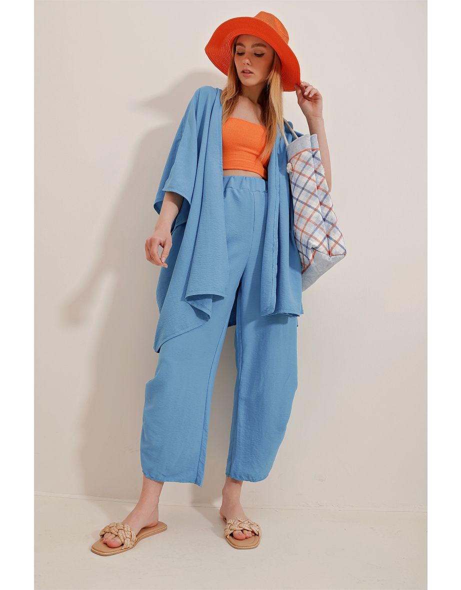 Women's Aviator Blue Trousers And Jacket Double Suit With Slit Legs, Textured