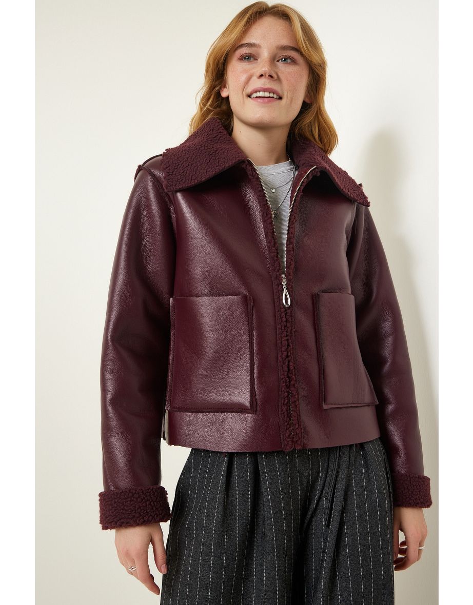 Women's Damson Fur Collar Wide Pocket Faux Leather Jacket