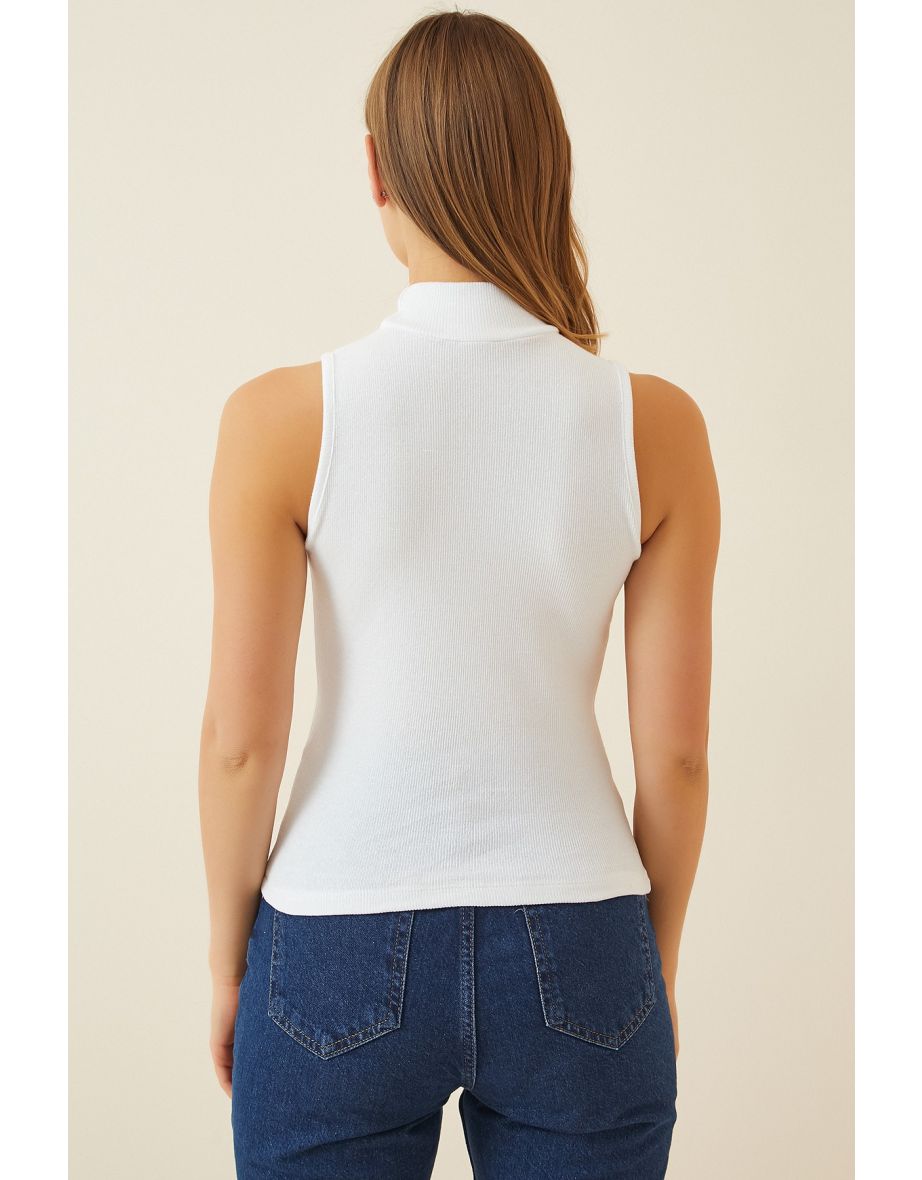 Women's Gray White Turtleneck Sleeveless 2-Pack Knitted Blouse - 5