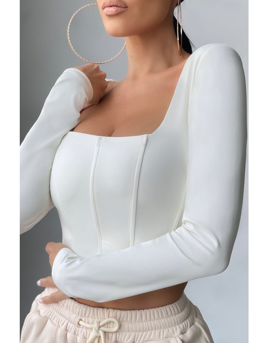 White Long Sleeve Corset Crop Top - 5