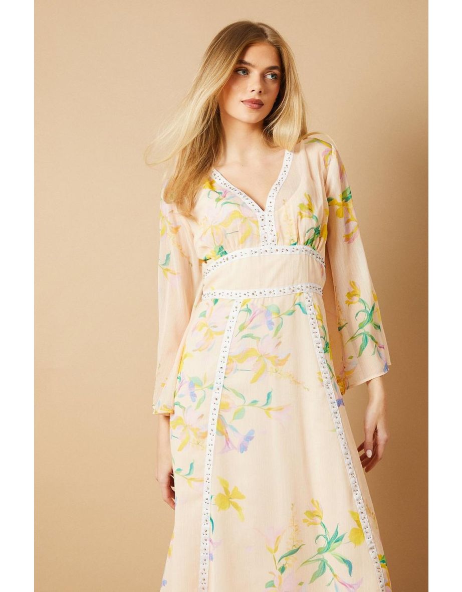 Floral Hand Embellished Trim V Neck Batwing Maxi Dress - 3