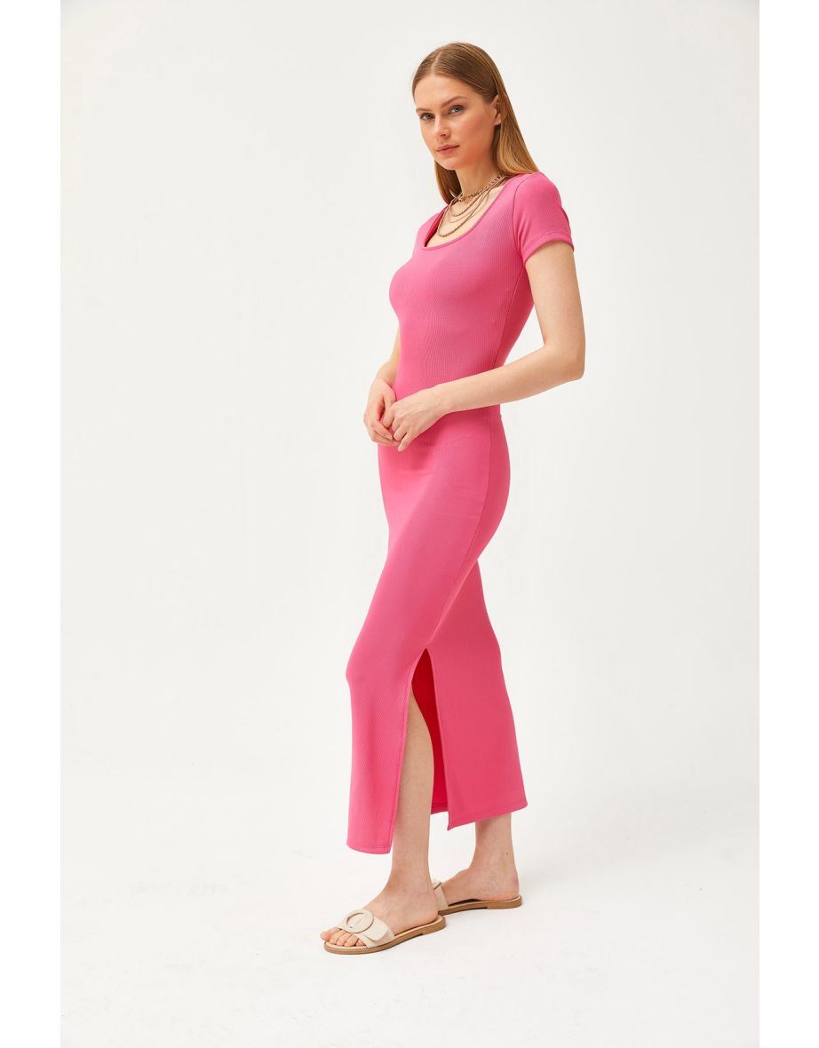 Women's Fuchsia U Neck Lycra Thin Ribbed Slit Ottoman Dress - 6