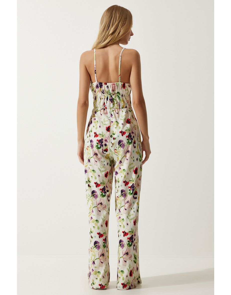 Women's Ecru Green Window Detailed Pattern Knitted Jumpsuit - 6