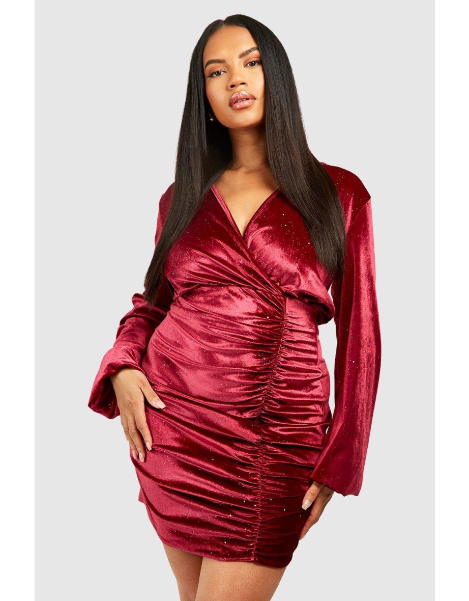 Shop Plus Glitter Velvet Ruched Boydcon Dress berry Online in Oman VogaCloset