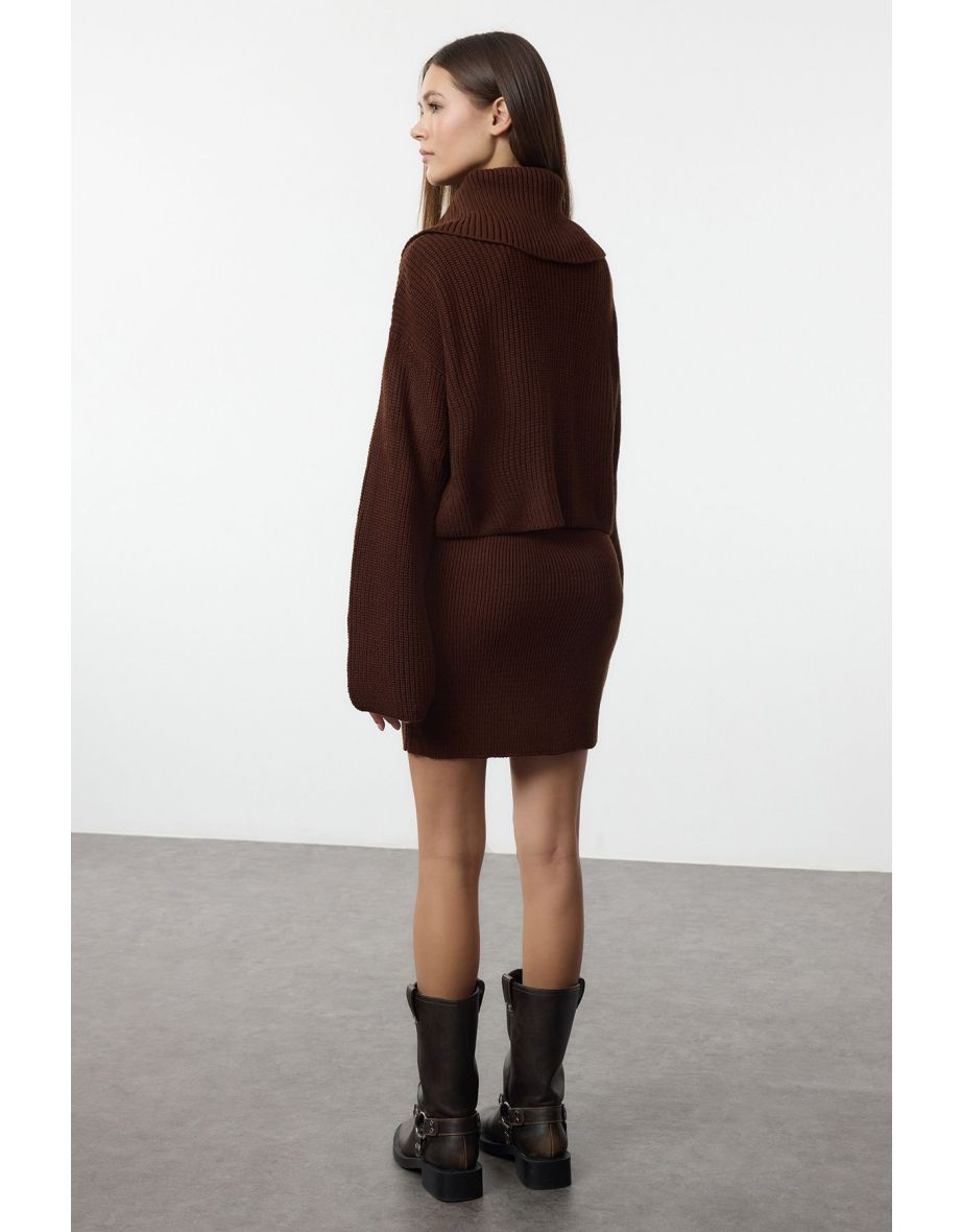 Brown Turn-down Collar Knitwear Top-Bottom Set - 4