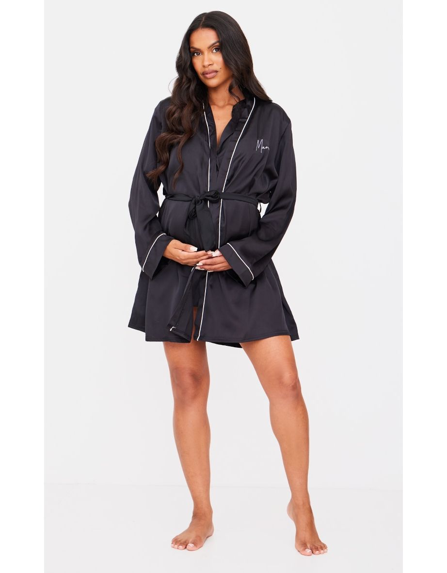Maternity Black Embroidered Mama Satin Tie Waist Robe
