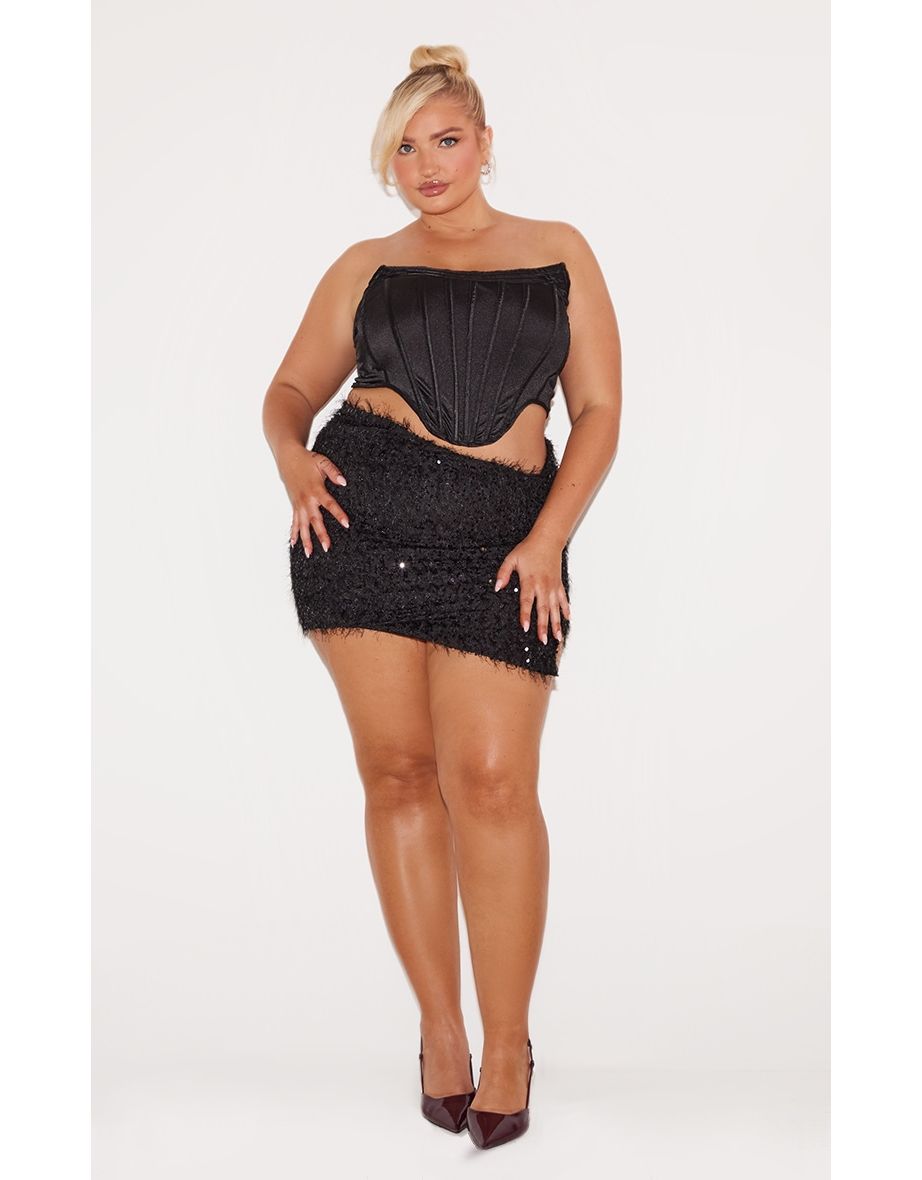 Plus Black Sequin Feather Asymmetric Mini Skirt