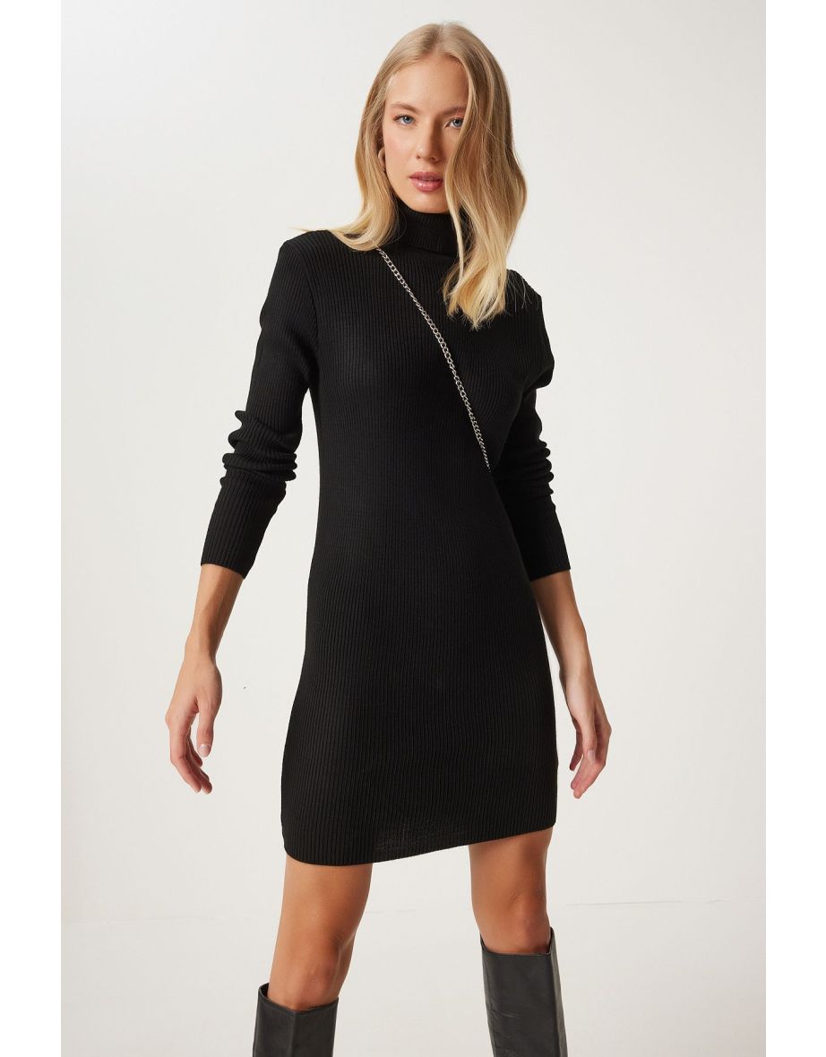 Women's Black Turtleneck Sweater Dress - 5